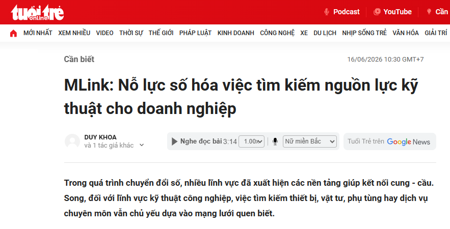 Báo Tuổi Trẻ viết về MLink: "MLink: Nỗ lực số hóa việc tìm kiếm nguồn lực kỹ thuật cho doanh nghiệp"