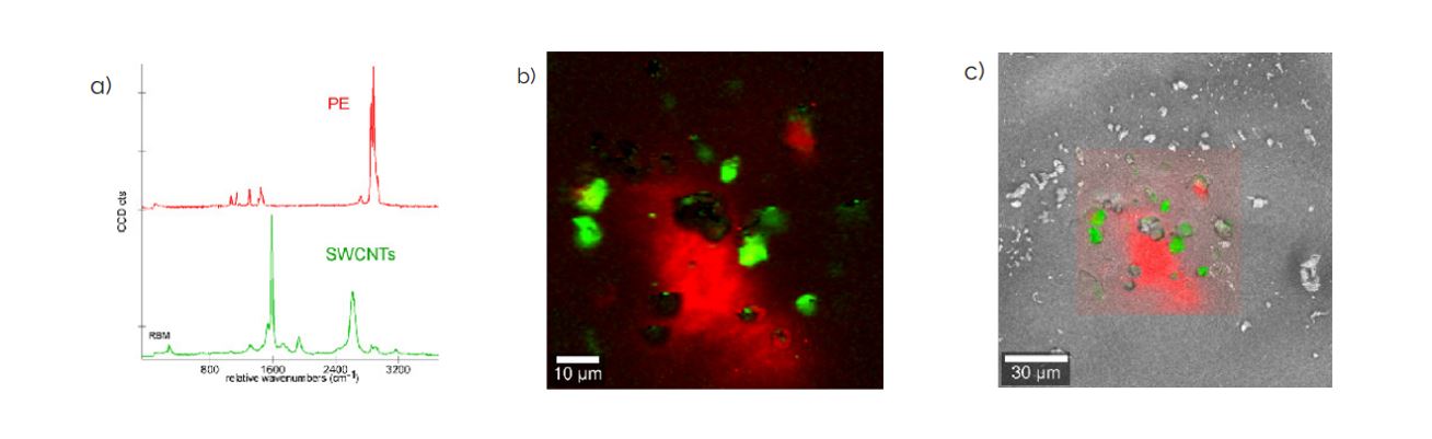 Fig 5. a Characteristic Raman spectra of SWCNTs and PE.b color coded Raman