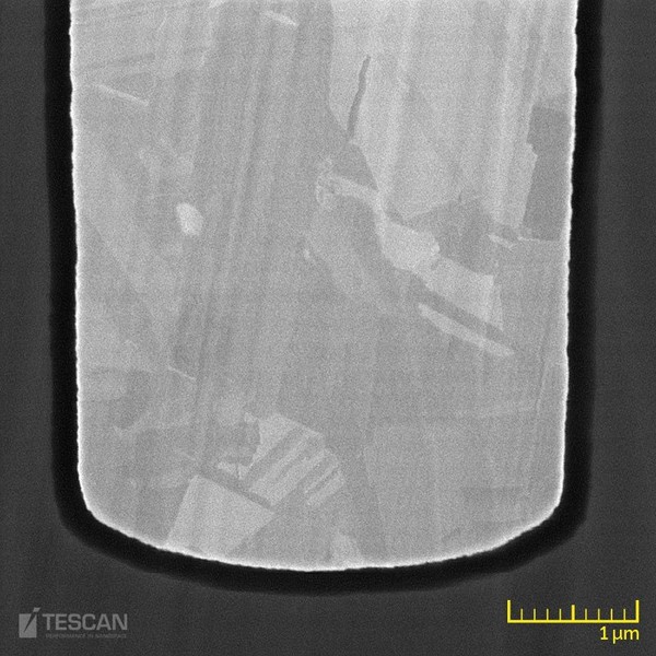 Bottom part of a TSV imaged with the BSE detector for grain contrast (chụp bằng Kính hiển vi điện tử quét SEM và FIB-SEM TESCAN)