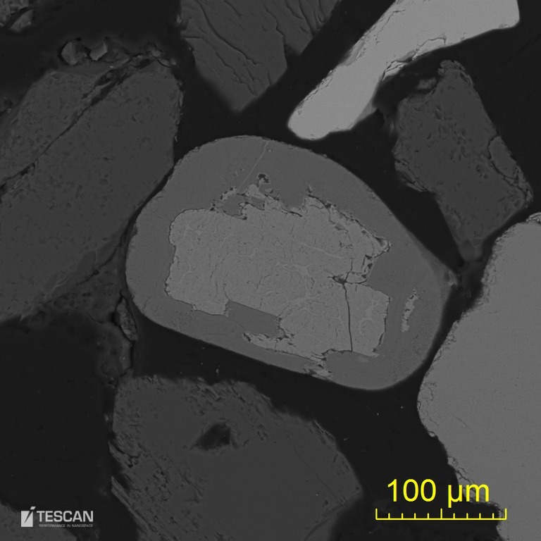 Ilmenite grain which underwent partial leucoxenitization