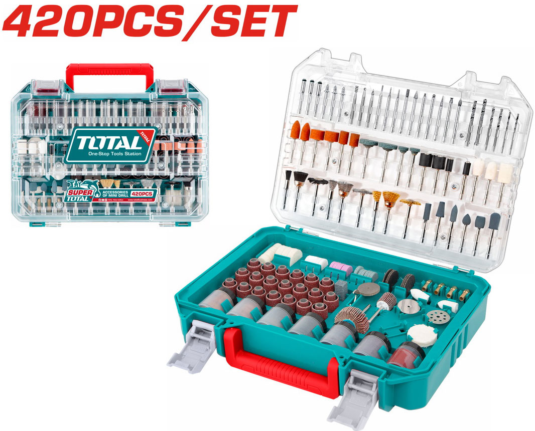 Bộ phụ tùng tiêu hao đa năng Total cho máy mài khuôn, dùng để mài, cắt, đánh bóng và khoan vật liệu, số lượng 420 chi tiết x tương thích đầu kẹp 3.2mm, mã hàng: TAKMG4208