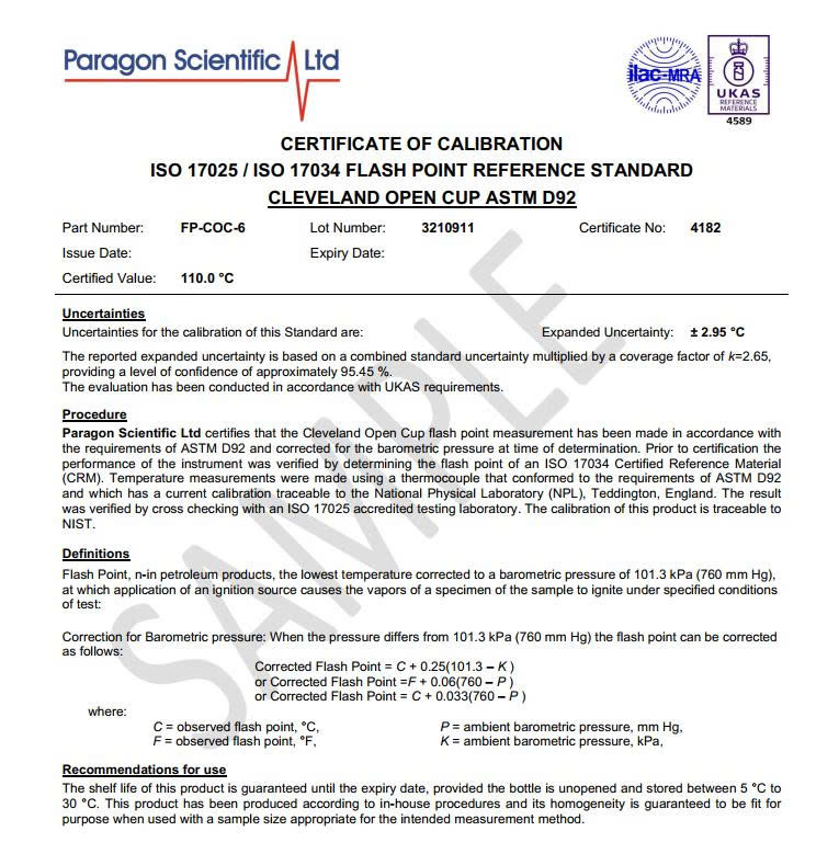 Chất chuẩn nhiệt độ chớp cháy cốc hở Cleveland (Cleveland Open Cup Flash Point Reference Standard) - Nhiệt độ danh định: 118°C [5, 6]