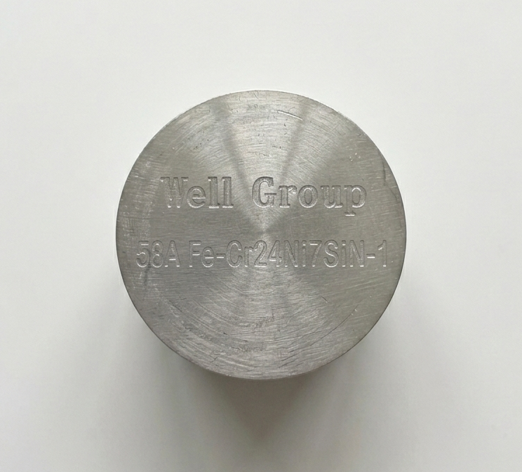 Mẫu chuẩn đối chứng CRM cho mác Inox, hãng Well Groub. Mã hàng: 58A Fe-Cr24Ni7SiN-1