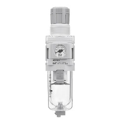 Bộ lọc điều áp khí nén bằng nhôm và nhựa polycarbonate tích hợp đồng hồ đo áp suất và gá kẹp dùng để lọc bụi tách nước ổn định áp suất hệ thống khí nén kích thước cổng Rc1/4 x cấp lọc 5µm, hiệu: SMC, mã hàng: AW20-02BG-D