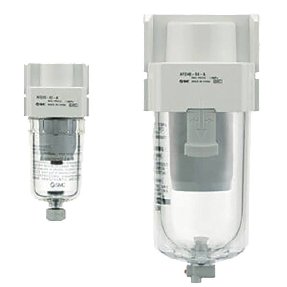 Bộ lọc vi sương tách dầu khí nén bằng nhôm và nhựa polycarbonate có chức năng xả đáy tự động dùng lọc sạch hơi dầu gỉ sét bảo vệ thiết bị khí nén tinh kích thước cổng Rc1/4 x cấp lọc vi sai 0.01µm, hiệu: SMC, mã hàng: AFD20-02-D
