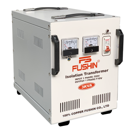 Biến áp cách ly 1 pha bằng dây đồng và lõi thép silic, công suất 3KVA (Điện áp vào 220V - Ra 110V/220V), hãng Fushin. Mã hàng: BCC1P-3K